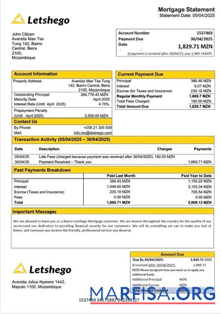Printable Mozambique Banco Letshego mortgage statement Word and PDF template